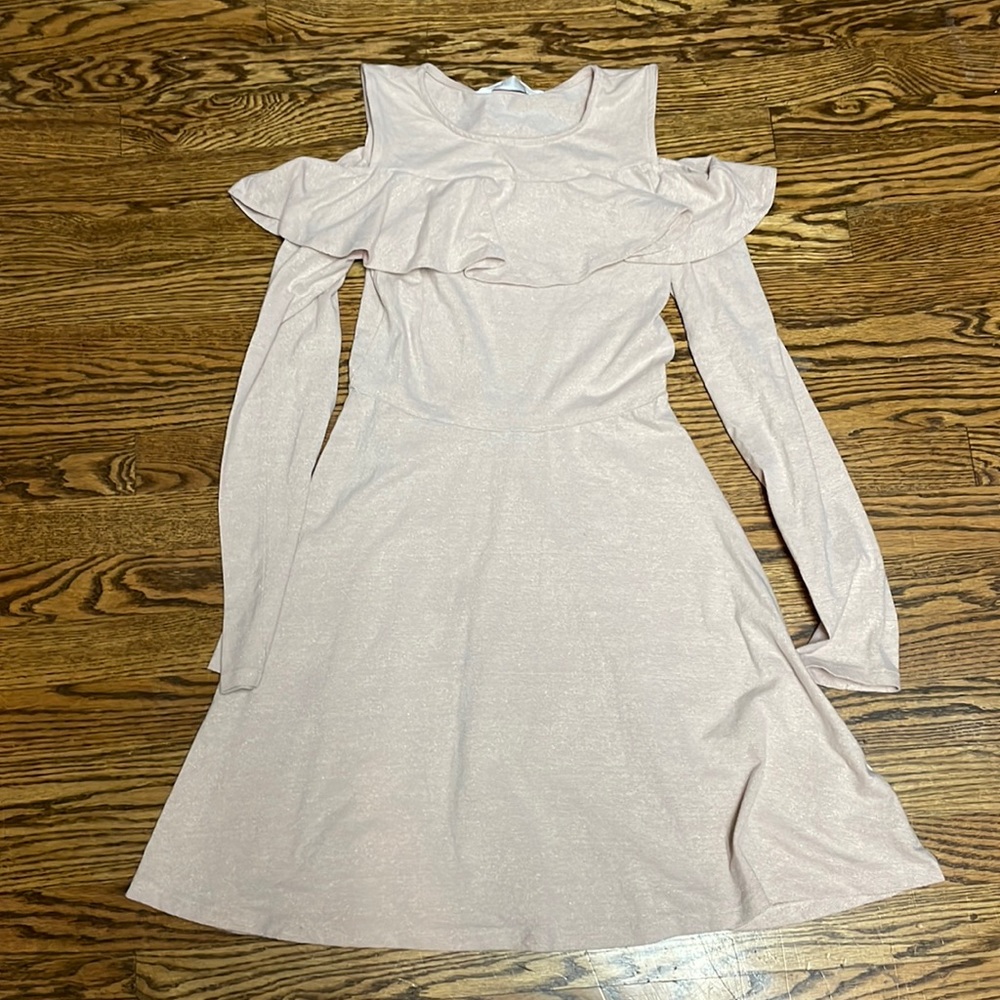 H & M ballet pink with metallic thread cold shoulder dress, 12-14 years